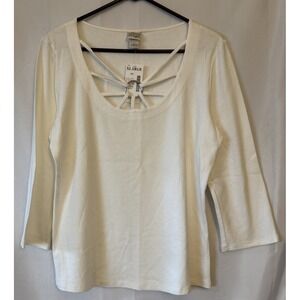 Women's 3/4 Sleeve White Tunic Criss-Cross O Ring Bodice Shirt XL